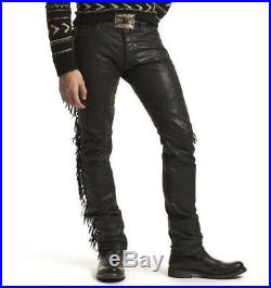 $1,295 Ralph Lauren Purple Label Slim Black Waxed Leather Fringed Denim Jeans