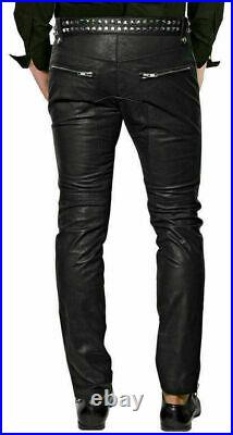 100% BLACK Slim Fit Biker Designer Lambskin Partywear Genuine Leather Pant Men's