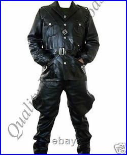 100% Genuine Leather Ww2 German Tunic & Breeches Trousers Military Uniform Coat