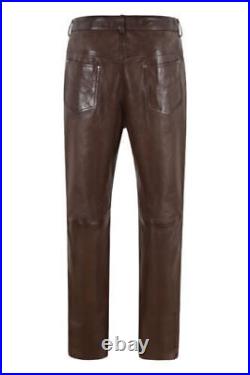 100% SOFT Sheepskin Men's Leather Motorcycle Brown Stylish Pant For Mens