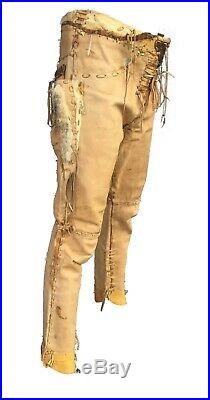 1960s Vintage Buckskin Suede Leather Men's Pants Native American Snakeskin Fur