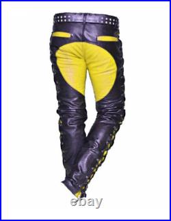 2022 Leather Pants Men's Leather Pants Black & Yellow Side Laces (28-44)