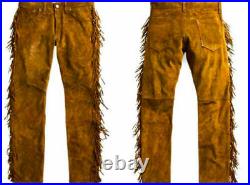 34 Men's Native American Brown Cowhide suede leather Jeans style pants with fri
