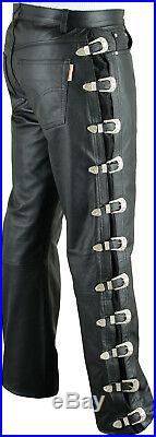 501 Men's Real Leather Casual Motorcycle Biker side Strapes Jeans Brown Trousers
