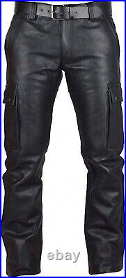 AMT Mens Real Leather Pants Cargo Trouser Black Slim Fit Cargo Quilted All Sizes