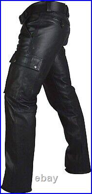 AMT Mens Real Leather Pants Cargo Trouser Black Slim Fit Cargo Quilted All Sizes