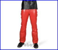 Ak Mani Men's Cow Leather 5 Pockets Jeans Style Motorbike Red Color Pants