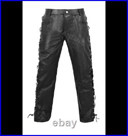 Ak Mani Men's Motorbike Natural Genuine Leather Jeans Style Side Laces Pant