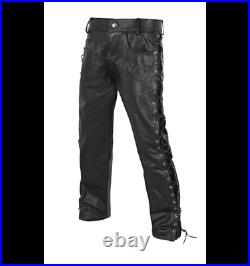 Ak Mani Men's Motorbike Natural Genuine Leather Jeans Style Side Laces Pant