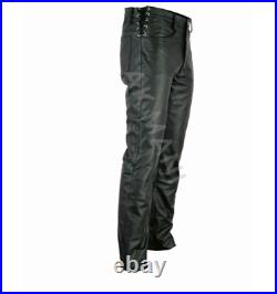 Ak Mani Men's Waist Side Short Laces Genuine Full Grain Leather Black Jean Pants