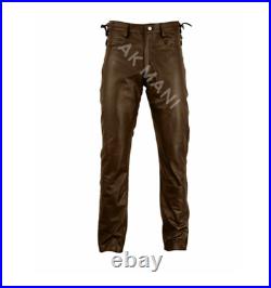 Ak Mani Men's Waist Side Short Laces Genuine Leather Jeans Style Brown Pant