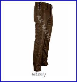 Ak Mani Men's Waist Side Short Laces Genuine Leather Jeans Style Brown Pant
