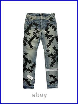 Amiri X Chemist Star Leather Appliquéd Blue Jeans Size 34