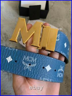 Authentic MCM Blue & Black Gold Buckle Men's Leather Belt sz 95/38 Pants 32/34
