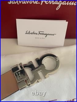 Authentic Salvatore Ferragamo Men's Leather Belt Silver and Black Gancini Buckle