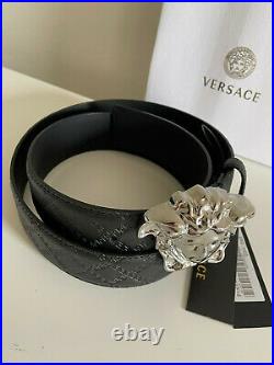 Authentic Versace Black Leather Silver Classic Medusa Buckle Belt PICK YOUR SIZE