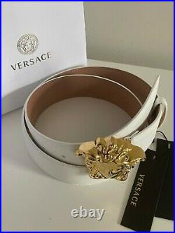 Authentic Versace White Leather Gold Classic Medusa Buckle Belt