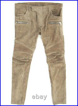BALMAIN tan suede leather slim quilted zipper pocket lambskin biker pants 50