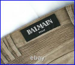 BALMAIN tan suede leather slim quilted zipper pocket lambskin biker pants 50
