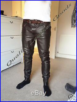 BESPOKE 100% GENUINE LAMB BROWN LEATHER Mens THIGH FIT PANTS JEANS TROUSERS
