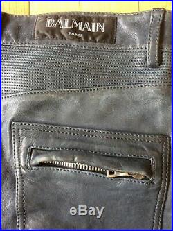 Balmain Grey Leather Mens Moto Biker Pants Size US 34 / EU 50 Authentic New