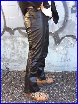 Bespoke Custom Whipstitch Lace Up Black Genuine Leather Pants Trousers Mens 31