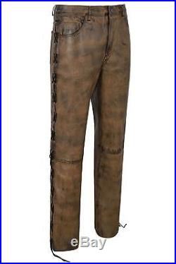 Biker Style Trousers Mens Dirty Brown Laced Nappa Leather Motorbike Jeans Pants