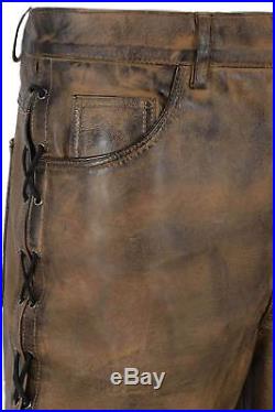 Biker Style Trousers Mens Dirty Brown Laced Nappa Leather Motorbike Jeans Pants