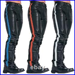 Black Leather Biker Pants Slim Fit Jeans Trousers with different Color Stripes