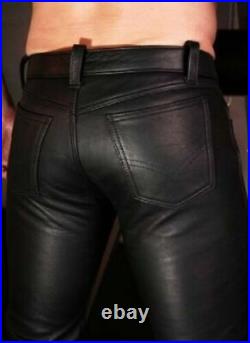 Black Leather Biker Pants/Trousers For Men Slim Fit Jeans