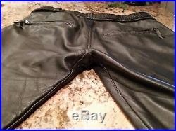 Black Leather Pants, Mens Langlitz Motorcycle Ranger withOrange Stripe, Size 42