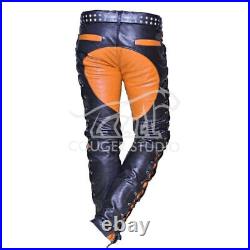 Black & Orange Men's Real Leather Pant Side Laces Up Biker Jeans/Pant
