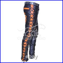 Black & Orange Men's Real Leather Pant Side Laces Up Biker Jeans/Pant