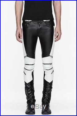 Block Color Style Paneled Men Genuine Real Leather Biker Casual Leather Pant