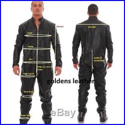 Block Color Style Paneled Men Genuine Real Leather Biker Casual Leather Pant