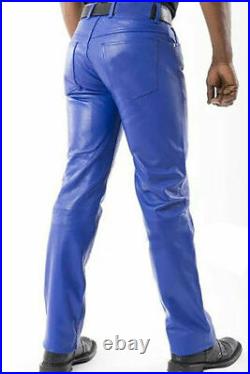 Blue Men's Leather Pant Real Soft Lambskin Leather Handmade Stylish