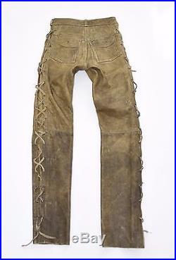 Brown Leather Lace Up Biker Motorcycle Men's Trousers Pants Jeans Size W27 L33