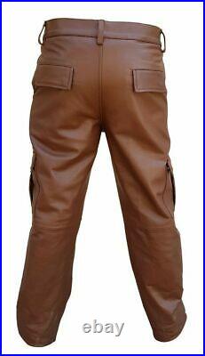 Brown Men's Lambskin Real Leather Cargo Pants Biker Pants 021
