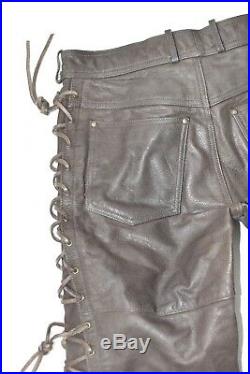 Brown Real Leather HEIN GERICKE Lace Up Biker Men's Trousers Jeans Size W32 L36