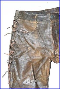 Brown Real Leather PANTERA Lace Up Biker Men's Trousers Pants Size W30 L31
