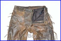 Brown Real Leather PANTERA Lace Up Biker Men's Trousers Pants Size W30 L31
