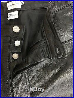 Calvin Klein CK Mens 100% Leather Motorcycle Pants Size 32 x 30 Button Fly Black