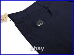 Castello d'Oro Pants Navy Cotton Pants Too Much Luxury Leather Patch Size 32