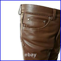 ClubStyle Men's Real Leather Pant Jeans Style 5 Pockets Motorbike Brown Pants