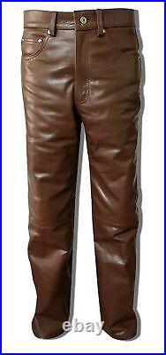 ClubStyle Men's Real Leather Pant Jeans Style 5 Pockets Motorbike Brown Pants