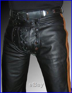 Cod piece Leather trousers new black brown stripes mens gay leather pants