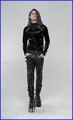 Cool Punk Imitation Leather Belt Decoration Slim Men Pants Rock Black Trousers