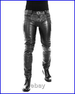 Cowhide Aniline Men's Leather Pant Double Zipped Gay Bikers Pants / Leather Pant