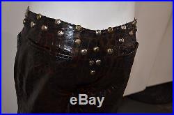 Custom Made Men Brown & Black Leather Pants with Studs Handmade Size 32