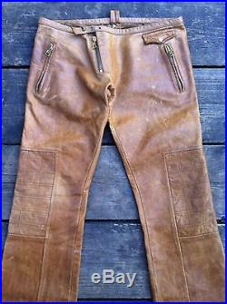 D sQd Men's Very Low Rise Leather Tan Cargo Trousers / Pants Size IT 48